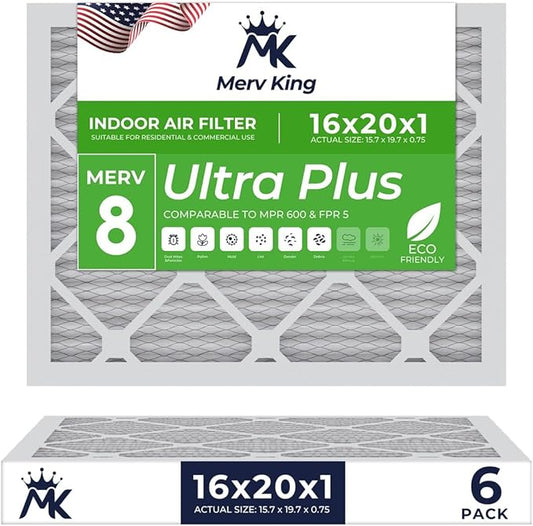 MervKing 16x20x1 Air Filter Actual Size: 15.7" x 19.7" x 0.75" MERV 8 MPR 600-700 | MADE IN USA | 6-Pack | Pleated HVAC AC Furnace Replacement
