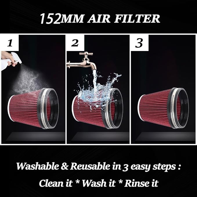 MUGE RACING 6" 152 mm High Flow Inlet Air Filter, Air Intake Cone Filter Replacement Performance Washable Clamp-On Dry, 6'' Tall(Red)