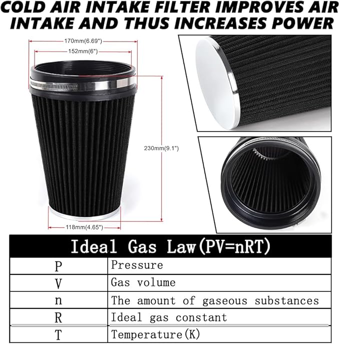 6" Inlet Cold Air Intake Filter Cone Replacement Performance Washable Clamp-On Dry Air Filters Black (8" Tall)