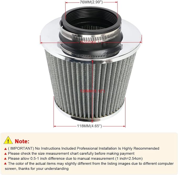 muge racing 3-inch Cold Air Intake Filter 76mm, High Performance Clamp-On Engine Intake Air Filter, Washable Reusable & Universal Round Tapered Replacement Air Filter, Silver