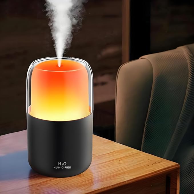 LED home spraying humidifier with high simulation flame atmosphere light,2.3W and 280ml water tank,dynamic state and static state flame (Black housing)