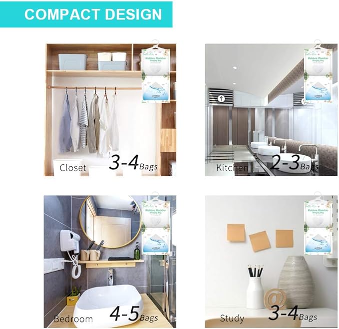 CANAGER Hanging Moisture Absorber-12 Packs, Hanging Dehumidifier Bags for Closet,Bedroom and kitchen,Fragrance Free,Moisture Absorb 12.5OZ