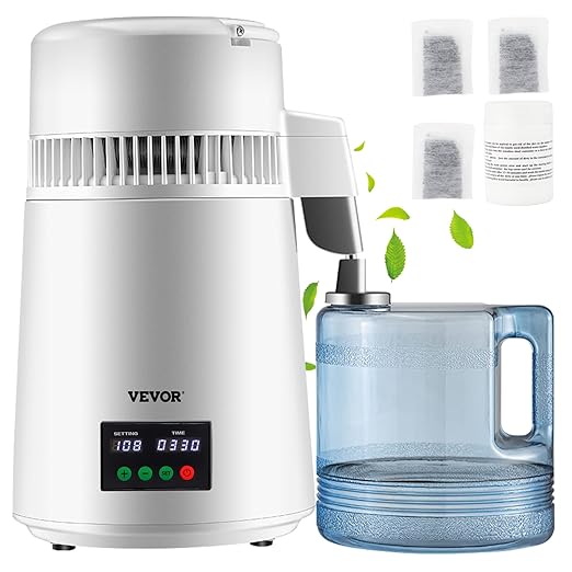 VEVOR 1.1Gal Water Distiller, 0.3Gal/H, Distilled Water Maker Machine 750W 0-99H Timing Set Temp Display, 304 Stainless Steel Countertop Distiller Plastic Carafe Cleaning Powder 3 Carbon Packs, White