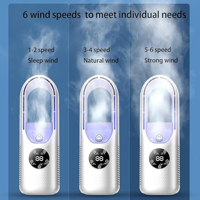 Desk Bladeless Fan with Humidifier, Small Personal Misting Fan for Sleep with 6 Speeds, Quiet Bedside Fans for Bedroom with Timer and LED Light, Table Fan for Home Office Desktop