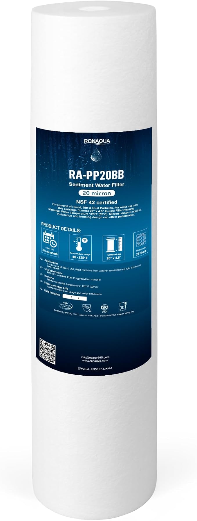 Ronaqua 20" x 4.5" Big Sediment Replacement Water Filter Cartridge, 20 Micron, NSF Certified, for Whole House, Compatible with 155358-43, 2PP20BB1M, AP810-2, FPMB-BB5-20, P5-20BB, SDC-45-2005