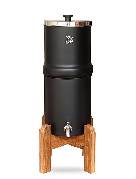 AquaEasy NSF/ANSI 372 Certified Stainless Steel Gravity Water Filter System (2.25 Gallon) 2X Activated Carbon Filter, Stainless Steel Tap and Wooden Stand | Countertop Water Filtration System (Black)