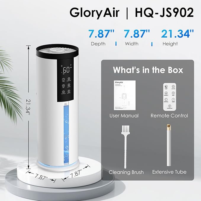 Humidifiers for Bedroom - GloryAir 2.11Gal (8L) Quiet Top Fill Cool Mist Humidifier Large Room 550 ft² 120H Runtime with Humidistat, Auto Mode Diffuser 7-Color Light for Plants Baby Adults Office Home