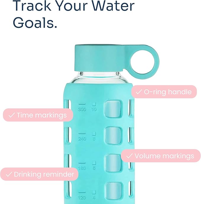 purifyou 40oz / 32oz / 22oz / 12oz Borosilicate Glass Water Bottle with Time & Volume Markers, Silicone Sleeve, Stainless Steel Lid | Reusable Glass Bottle for Water & Juice (12oz Aqua Blue)