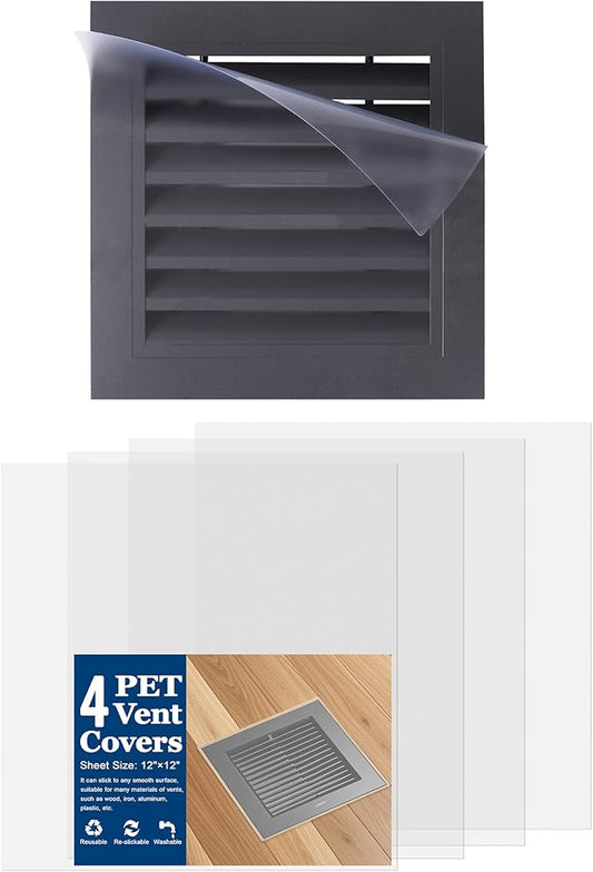 4 Pack PET Vent Covers with Nano Adhesive, 12" X 12" for Floor, Wall, Ceiling Vents and Air Registers, for RV, Home, Office AC Vents, Non-Magnetic, Fits on Plastic, Wood, Iron, Aluminum Vent Covers