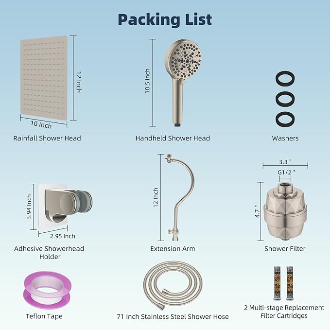Hibbent All Metal 12'' Filtered Rainfall Shower Head Combo, High Pressure Handheld Shower Head with 12'' Adjustable Curved Extension Arm, 20 Stage Shower Filter, 10-spray, 71'' Hose, Brushed Nickel