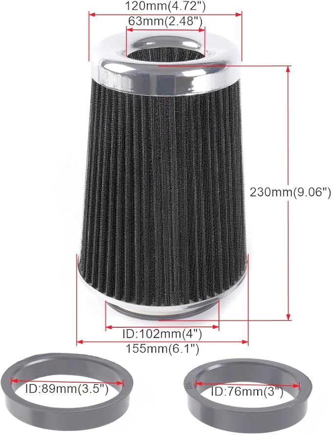 4-Inch Cold Air Intake Filter - Washable, High Performance, 3" or 3-1/2" or 4" Clamp-On Replacement Air Filter Black (8" Tall)