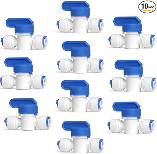 1/4 inch OD Tubing&Hose&Pipe Use Inline Shut Off Ball Valve Plastic Quick Connect Fittings for Water Purifier RODI System (Pack of 10)