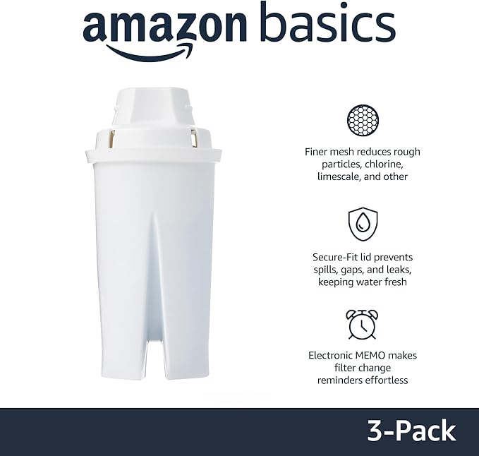 Amazon Basics Replacement Water Filters for Water Pitchers, BPA-Free, WQA & NSF Certified, Compatible with Brita Water Pitchers & Drinking Water Filter Systems, 6 Month Filter Supply, 3-Pack