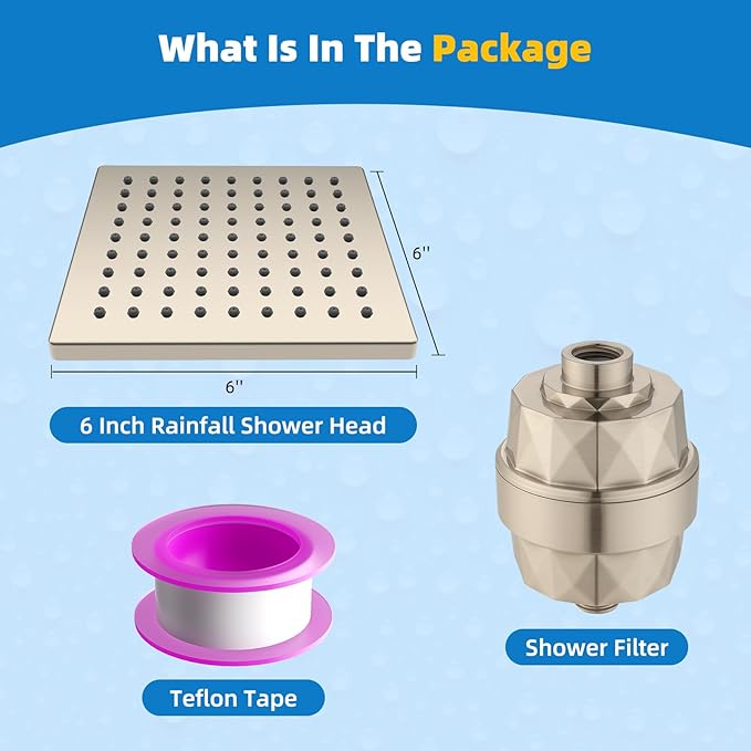 Hibbent Metal Filtered Shower Head, 6'' High Pressure RainShower Head, 20 Stage Shower Filter for Hard Water Softener, Bathroom Rainfall Shower Head to Remove Chlorine and Heavy Metal, Brushed Nickel