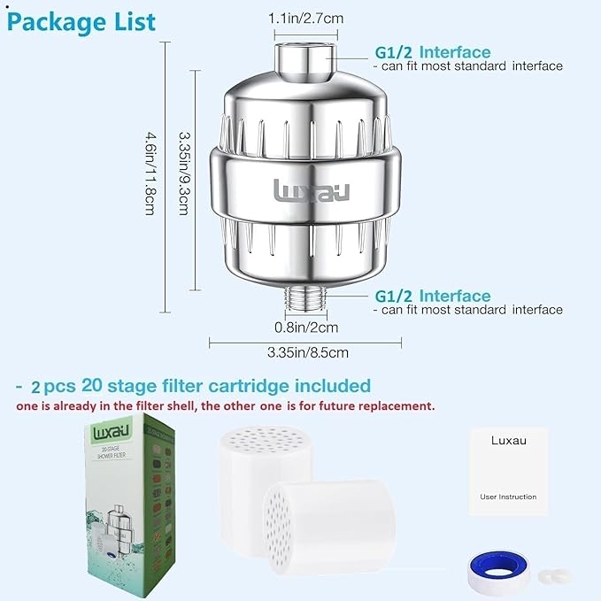 20 Stage Shower Filter with Spin Propeller w/ 2 Cartridge, Reduce Well Hard Water Chlorine Heavy Metal & Impurity, Improve Skin Hair, Fit Most Handheld Shower head Fixed Rainfall, Chrome (Chrome)