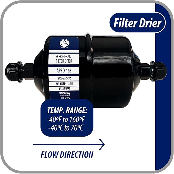 Appli Parts APFD-163 3/8 in Liquid Line Refrigerant AC Filter Drier hvac Refrigeration 163 SAE Flare connection universal unidirectional 7in long 3in wide
