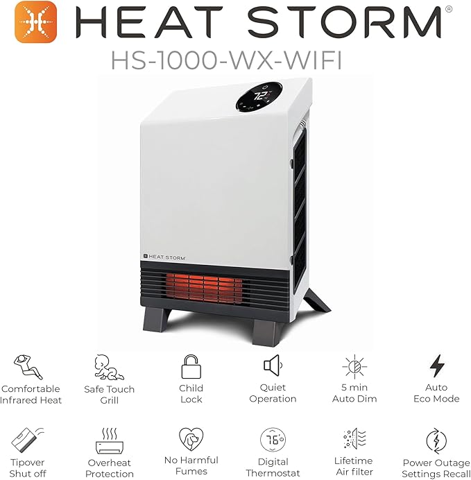 Heat Storm Wave Floor to Wall Infrared Space Heater with Attachable Feet, Remote Control, Built in Thermostat, 500-1000 Watts, 13x4x17 in, With Feet