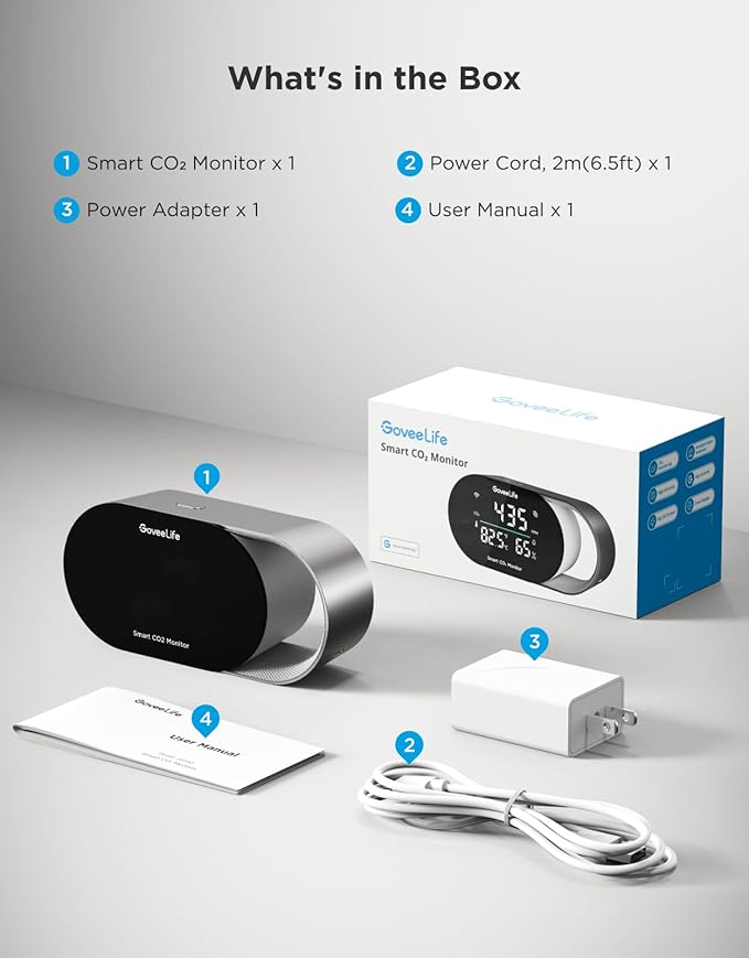 GoveeLife Smart Air Quality Monitor for Home, CO2 Detector for Health, Sleep Quality & Energy Efficiency, Temperature Humidity Meter with Real-Time Display & Alarm, for Office, Bedroom, Kitchen