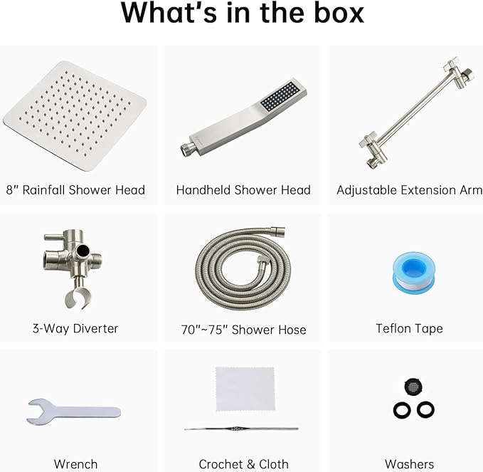 G-Promise All Metal 8 Inch Dual Square Shower Head with Handheld Spray Combo, Rain Shower Head, Adjustable Extension Arm, 3-Way Diverter, 71 Inch Extra Long Hose - A Bathroom Upgrade (Brushed Nickel)