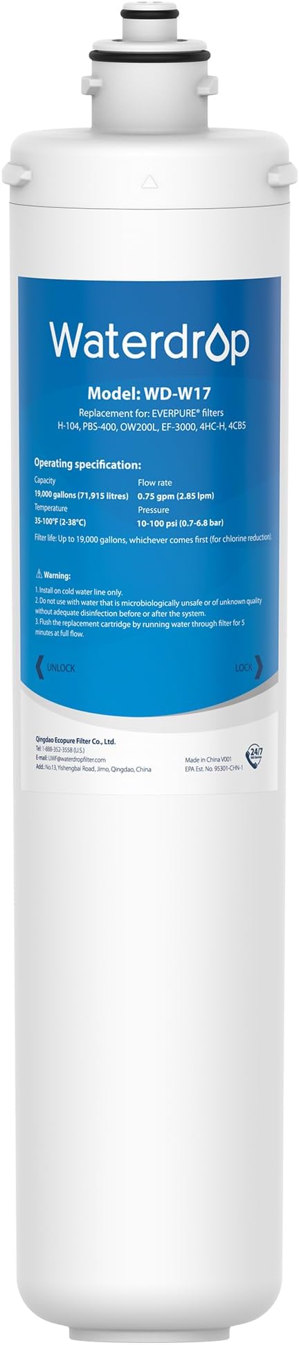 Waterdrop H-104 19000 Gallons, Replacement Cartridge for Everpure H-104, EV961211, EF-3000, PBS-400, OW200L, 6TO-BW, MR-100, MR-225, EV9262-71, EF9857-00, 0.5 Micron