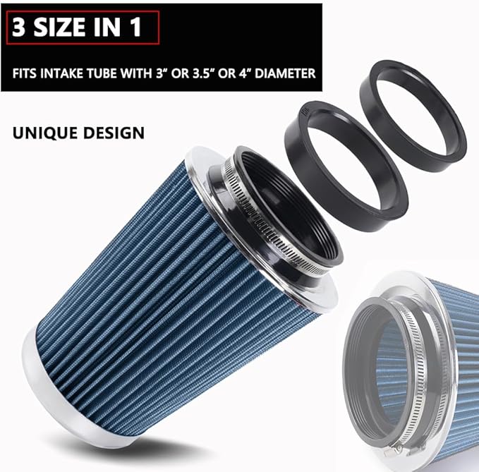 4-Inch Cold Air Intake Filter - Washable, High Performance, 3" or 3-1/2" or 4" Clamp-On Replacement Air Filter Blue (8" Tall)