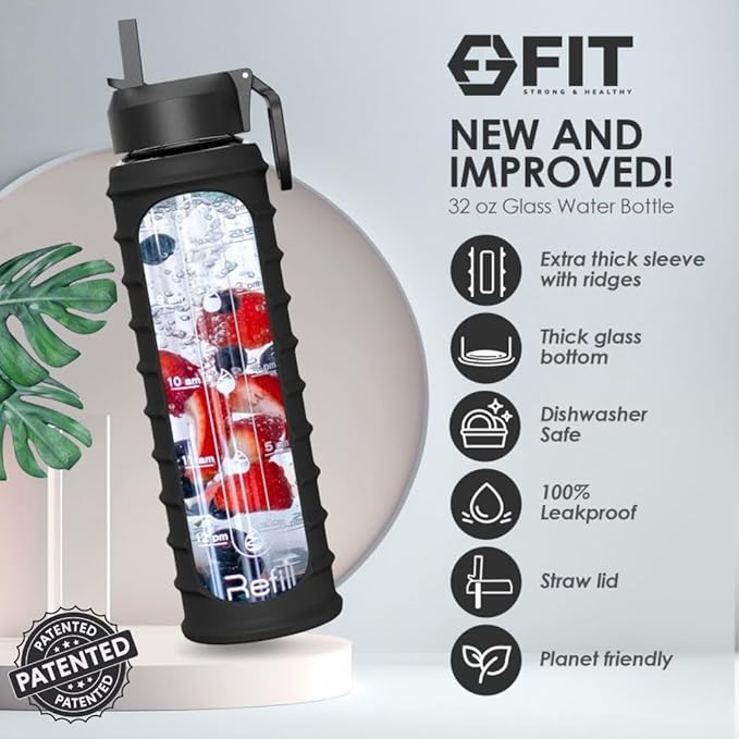 FIT Strong & Healthy 32 oz Glass Water Bottle with Straw Lid, Time Marker, Sleeve & Extra Lid - Motivational, Wide Mouth 1 Liter Glass Drinking Bottle