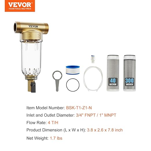 VEVOR 40/300 Micron Sediment Filter, 20GPM Spin Down Water Filter, Reusable Upgrade Flushable Pre-Filtration, Whole House Sediment Filter for Well/City Water, Brass Head, 3/4" FNPT + 1" MNPT