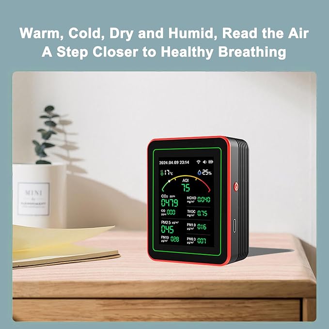 15-in-1 Air Quality Monitor Smart Air Quality Tester with CO2/HCHO/TVOC/AQI/PM0.3/PM1.0/PM2.5/PM10/Temperature/Humidity/Time/Alarm Clock/Timer/Countdown Timer Mobile APP WiFi for Home & Office
