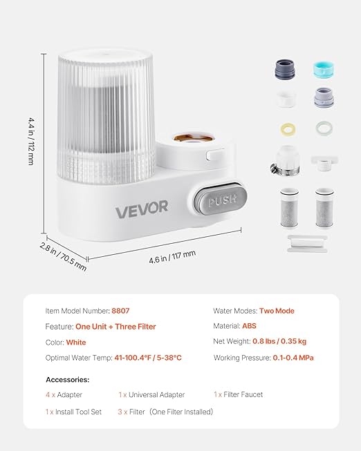VEVOR Faucet Mount Water Filter, Vertical Water Purifier for Sink Tap, NSF Certified Carbon Fiber Filter, Removes Chlorine Lead with 3 Filters, Fits Most Kitchen or Bathroom Faucets, White