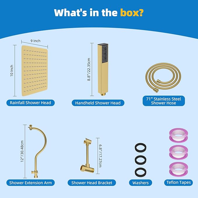 Hibbent All Metal Shower Head, 10'' High Pressure Rainfall Shower Head, Showerhead Combo, Handheld Shower Wand, 12'' Adjustable Curved Shower Extension Arm, 71'' Hose, Shower Holder, Brushed Gold