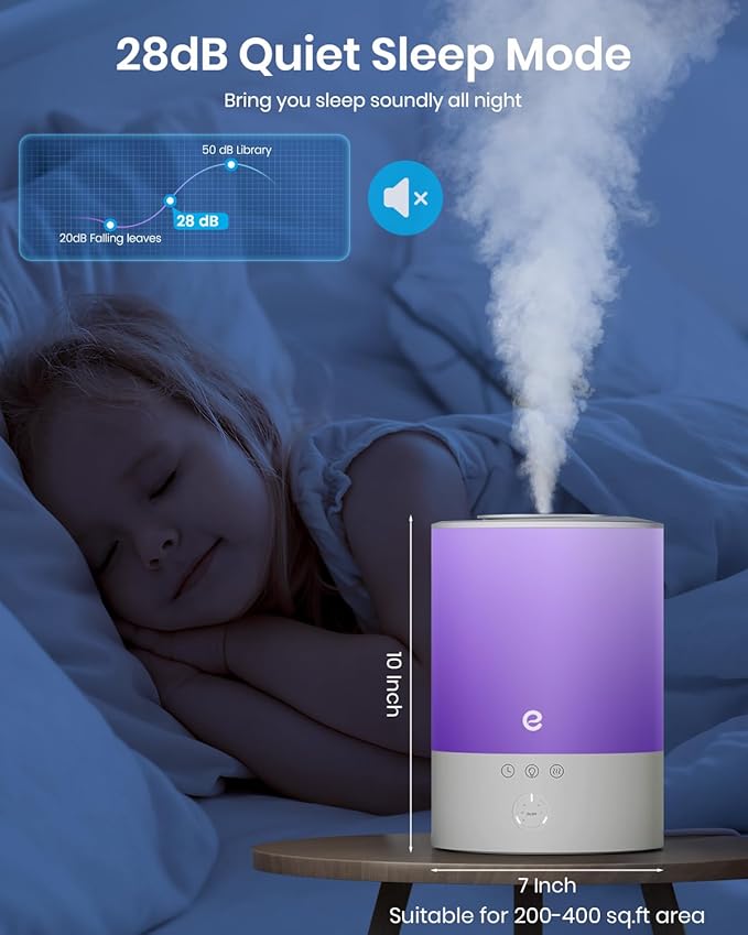Esemoil Cool Mist Humidifiers for Bedroom Large Room, 2.5L Smart WiFi Baby Air Humidifier with Top-Fill & 28dB Quiet, 24H Ultrasonic Diffuser for Plants, 8 Color Light, Voice Control, Works with Alexa