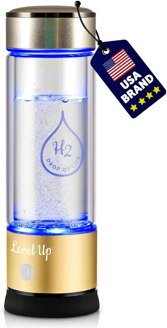LevelUpWay 2025 Hydrogen Water Bottle Generator – New Technology Glass with SPE PEM Ionic Membrane – High Borosilicate Glass – 13 Ounce (Gold) – Premium Hydration Solution