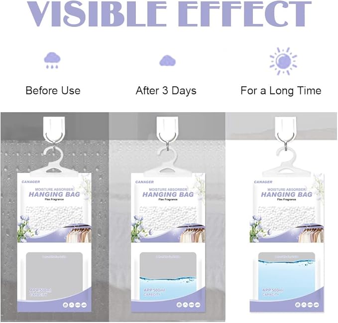 CANAGER Hanging Moisture Absorber, Flax Fragrance Moistureproof Desiccant Hanging Bag，Dehumidifier Bag (8 packs) Hanging Closet Dehumidifier Bags, Moisture Absorb 12.5 oz