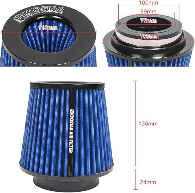 Kyostar 3/3.5/4inch Inlet Cold Air Intake Cone Replacement Performance Washable High Flow Dry Air Filter, Blue