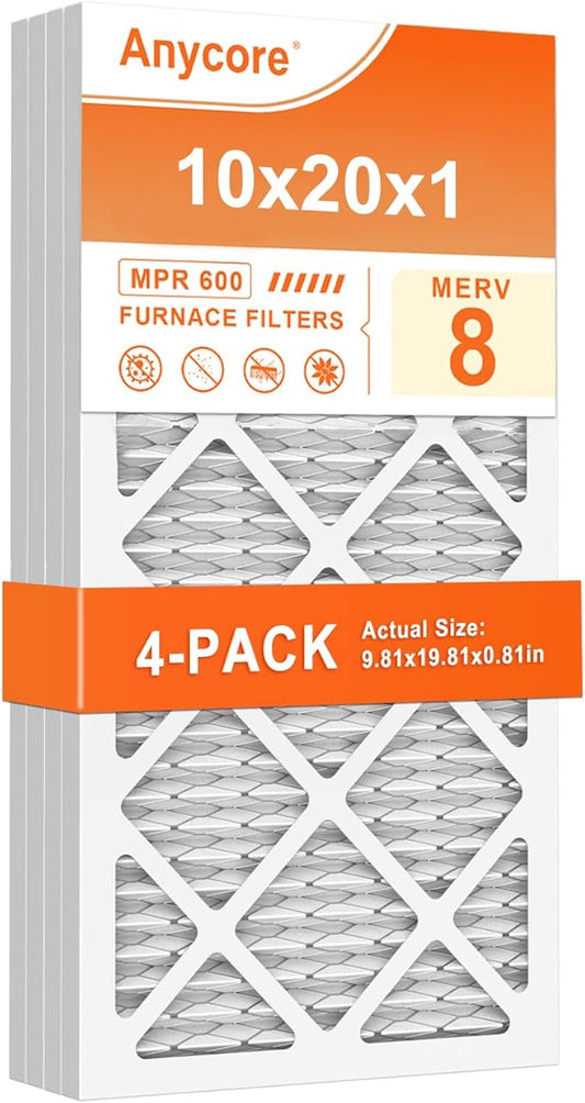 10x20x1 AC Furnace Air Filter, MPR 600, MERV 8 Pleated HVAC Filter, 4 Pack (exact dimensions 9.81x19.81x0.81 inches)