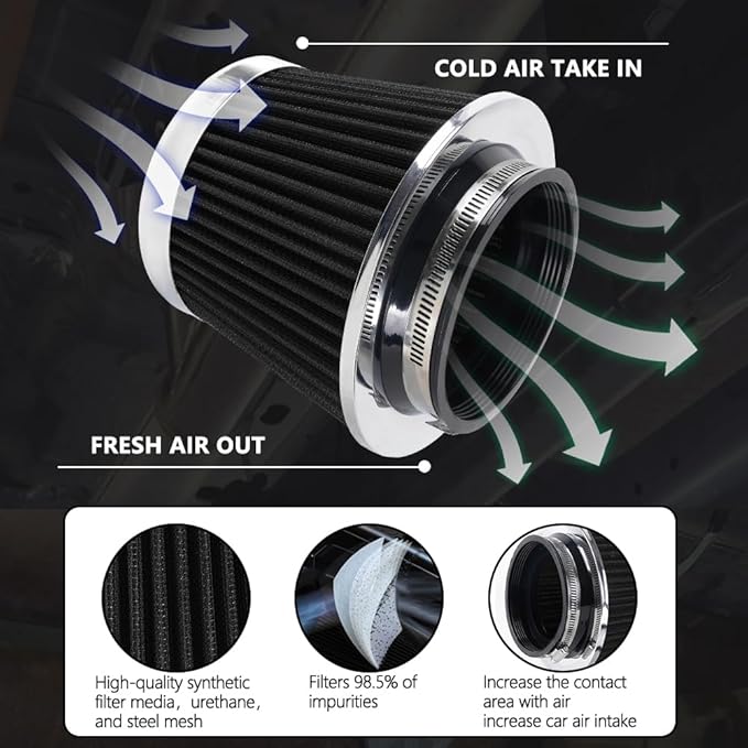 4-Inch Cold Air Intake Filter - Washable, High Performance, 3" or 3-1/2" or 4" Clamp-On Replacement Air Filter Black