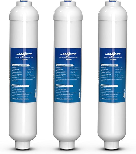 Inline Activated Carbon Block Water Filter with 1/4" Quick Connect, T33 In Line Water Filter Replacement Cartridge for Icemaker, Post Carbon Filter for RO Reverse Osmosis Water System (Pack of 3)