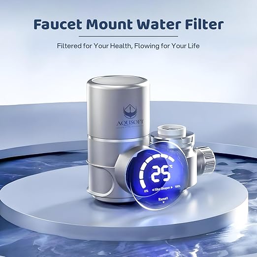 AQUSOFT Faucet Mount Water Filter - LED Sink Water Filter | 99% Filtration New 2.0 Filter Element| Removes Impurities | Tap Water Purifier Fits Standard Faucets - Includes 1 Filter