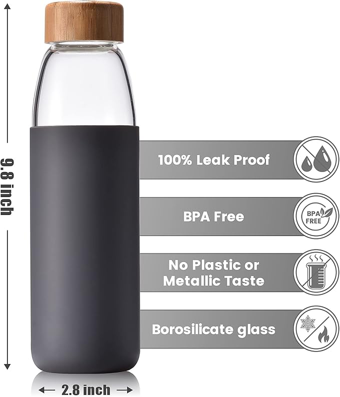 veegoal 25 Oz Borosilicate Glass Water Bottles with Bamboo Lid, BPA-FREE, Non-Slip Silicone Sleeve, and Stainless Steel Leak Proof Lid - Reusable Glass Bottle for Men and Women
