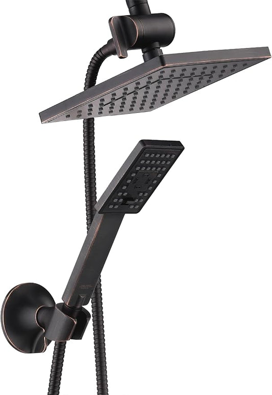 BRIGHT SHOWERS Rain Shower Head with Handheld Spray, 8 Inch Rainfall Shower Head Combo with 60" Hose, Adjustable Dual Square Showerhead Set with 3-Way Diverter, Wall Bracket, Oil-Rubbed Bronze