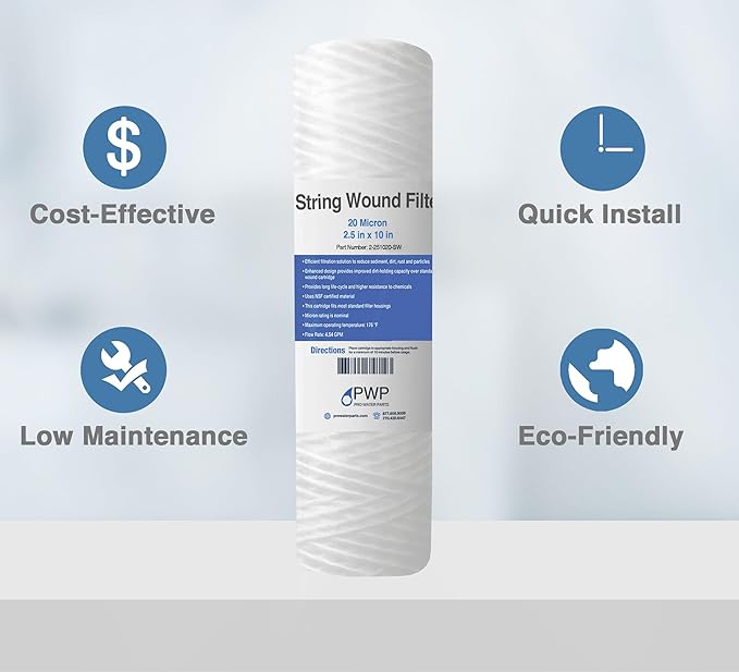 Sediment String Wound Water Filter Cartridge Standard 2.5x10 20 Micron 25 Pack