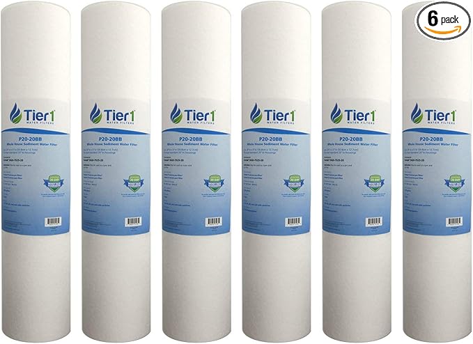 Tier1 20 Micron 20 Inch x 4.5 Inch | 6-Pack Spun Wound Polypropylene Whole House Sediment Water Filter Replacement Cartridge | Compatible with Pentek DGD-7525-20, 155356-43, Home Water Filter