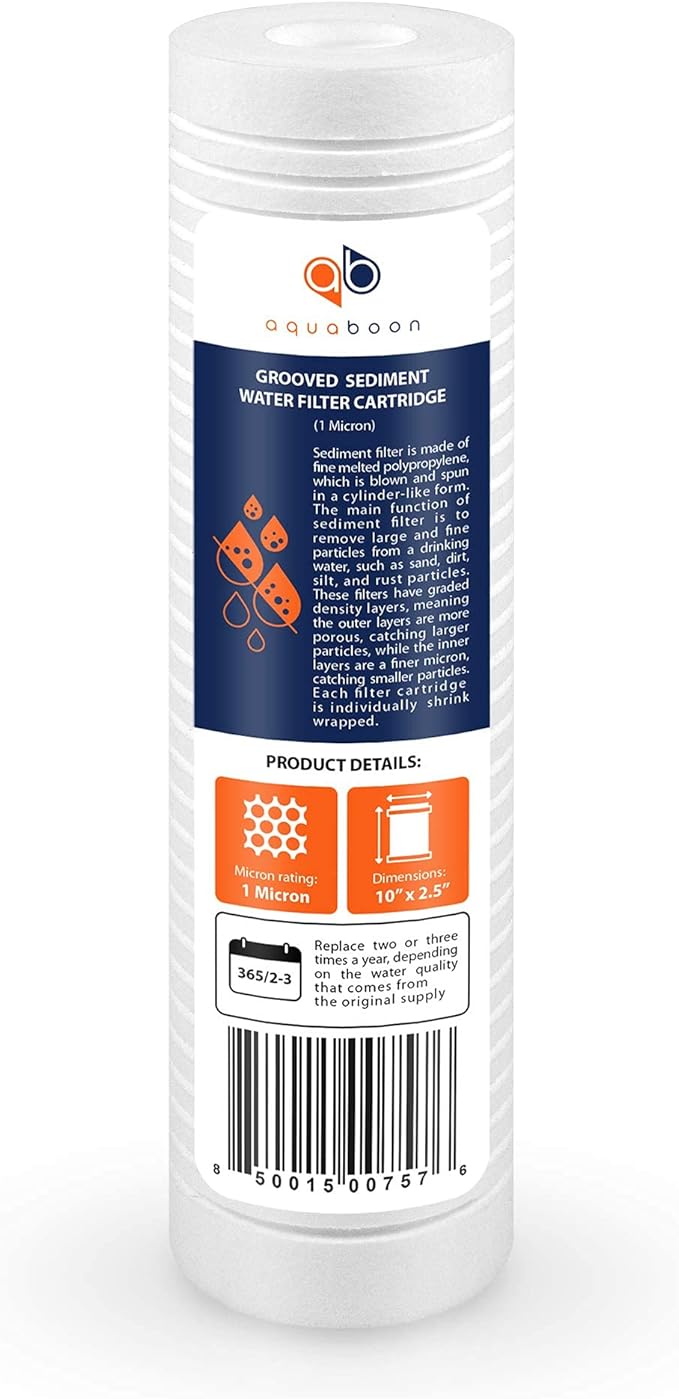 Aquaboon Whole House 1 Micron 10 x 2.5 PP Grooved Sediment Water Filter Cartridge Replacement Compatible with AP110, WHKF-GD05, CFS110, P5, 6-Pack