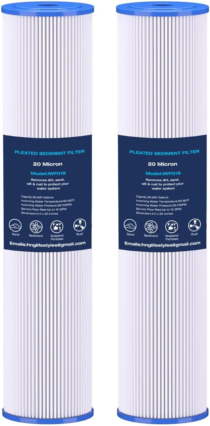 H&G Lifestyles 20" x 4.5" 20 Micro Whole House Pleated Sediment Water Filter for Well Water, Removes Dust Sands Impurities,Replacement Compatible with 20 X 4.5 Water Filtration System 2pcs