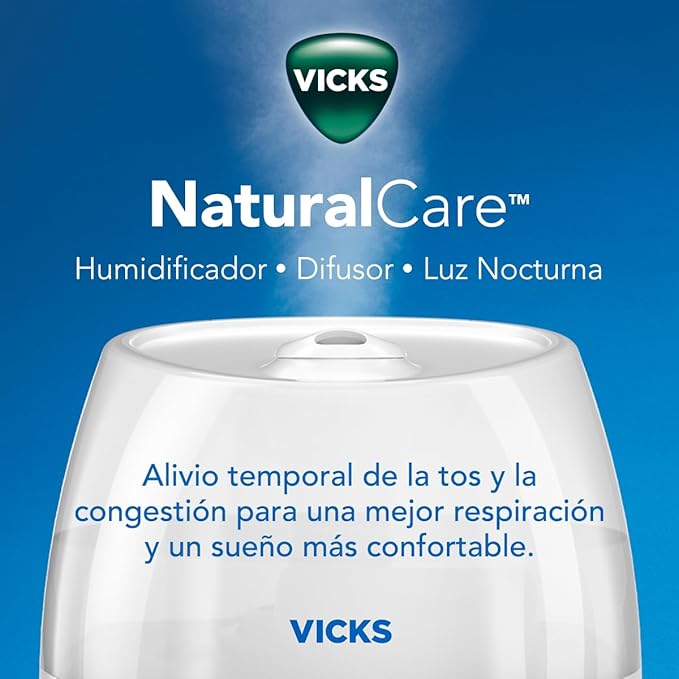 Vicks NaturalCare Cool Mist Ultrasonic Humidifier (VUL530), White, Small Room – Humidifier and Diffuser with Nighttime Light, Works with Vicks VapoPads