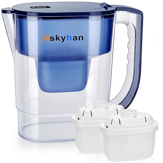 Hskyhan Alkaline Water Filter Pitcher - 3.8 Liters Improve PH, 2 Long Lasting Cartridge Included, BPA Free, 7 Stage Filtration System to Purify, Blue