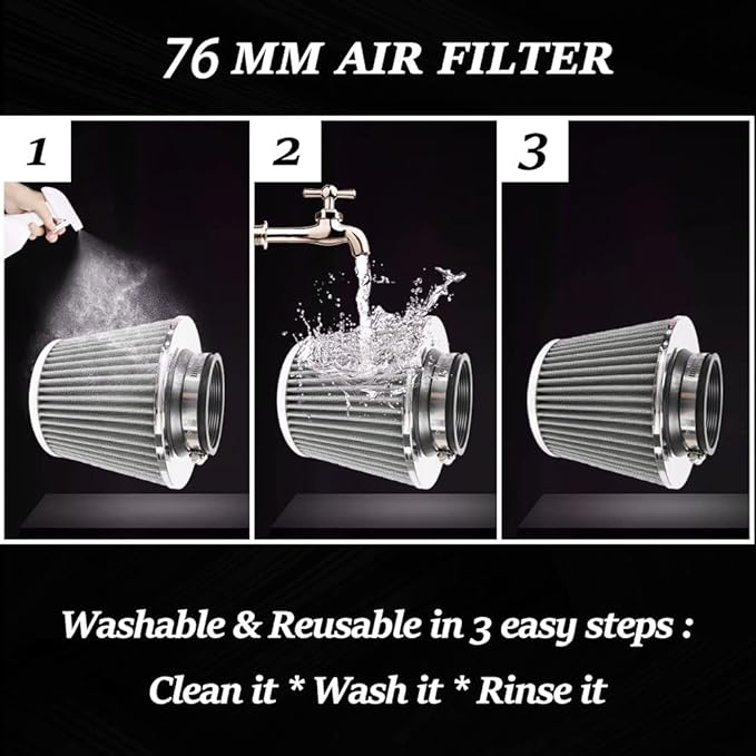 muge racing 3-inch Cold Air Intake Filter 76mm, High Performance Clamp-On Engine Intake Air Filter, Washable Reusable & Universal Round Tapered Replacement Air Filter, Silver