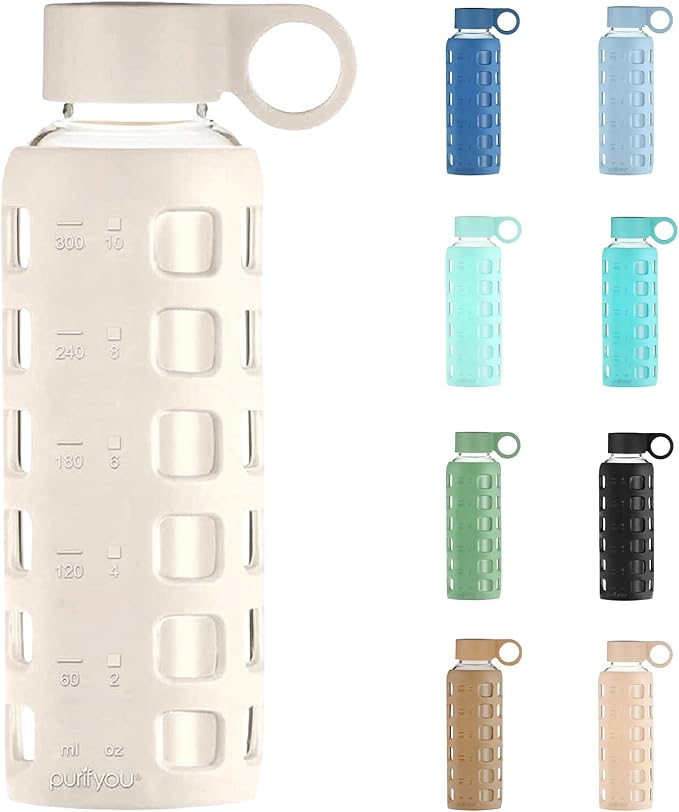 purifyou 40oz / 32oz / 22oz / 12oz Borosilicate Glass Water Bottle with Time & Volume Markers, Silicone Sleeve, Stainless Steel Lid | Reusable Glass Bottle for Water & Juice (12oz Pearled Ivory)