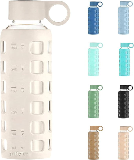 purifyou 40oz / 32oz / 22oz / 12oz Borosilicate Glass Water Bottle with Time & Volume Markers, Silicone Sleeve, Stainless Steel Lid | Reusable Glass Bottle for Water & Juice (12oz Pearled Ivory)