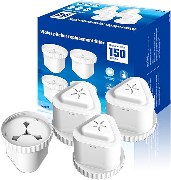 Water Filter Compatible with Epic Water Pitcher, Aquagear, Seychelle - 150 Gallon Filter Replacement, Removes Odors, Fluoride, BPA Free - 4 Pack
